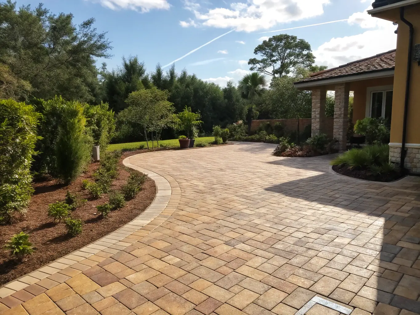 A close-up of a newly constructed paved area by Evenii Grounds Contractors, showcasing the quality of the hard landscaping with precisely laid paving stones and attention to detail.