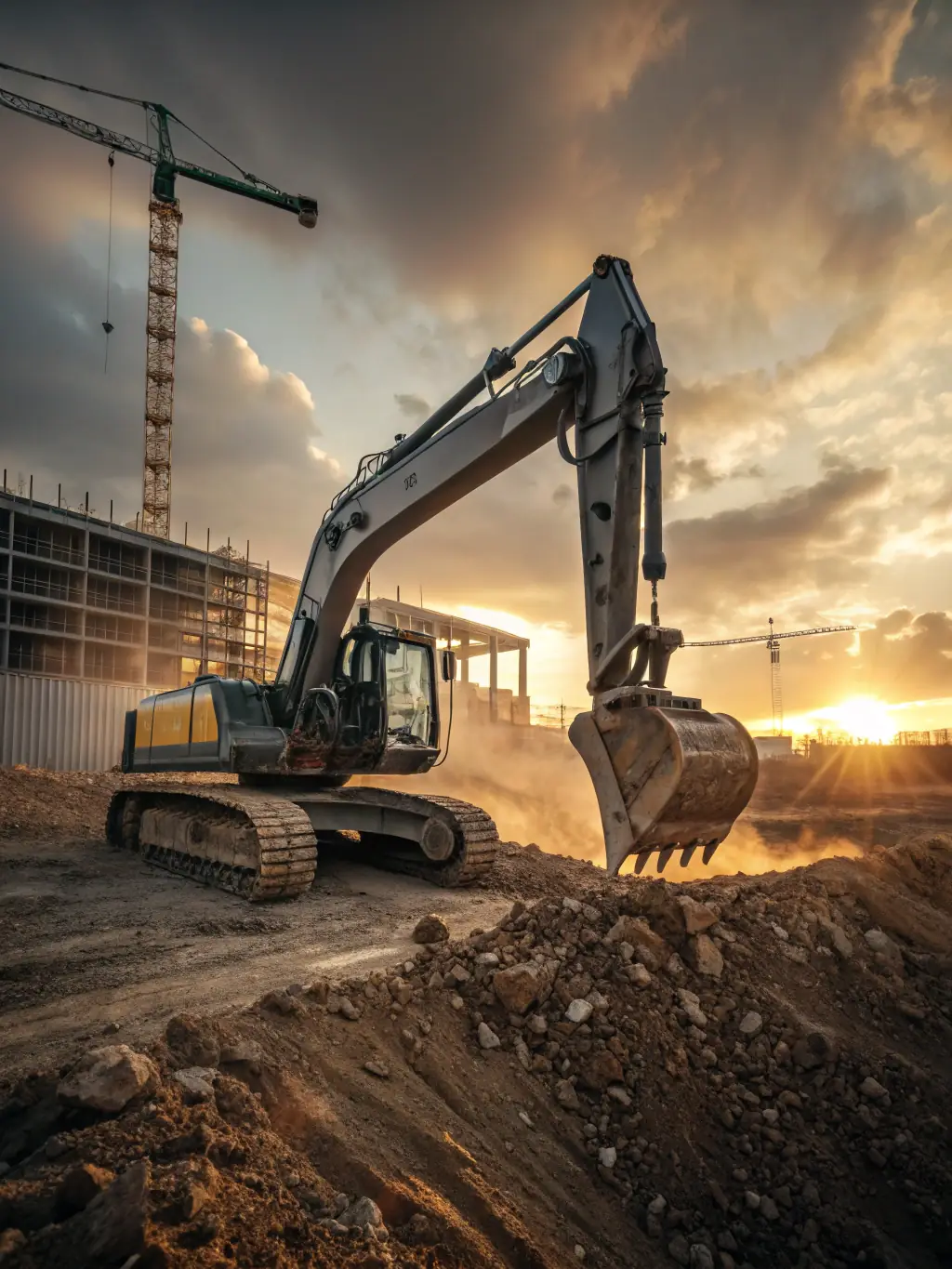 A high-angle shot of Evenii Grounds Contractors' team expertly operating heavy machinery during a groundworks and excavation project on a commercial development site, showcasing precision and efficiency.