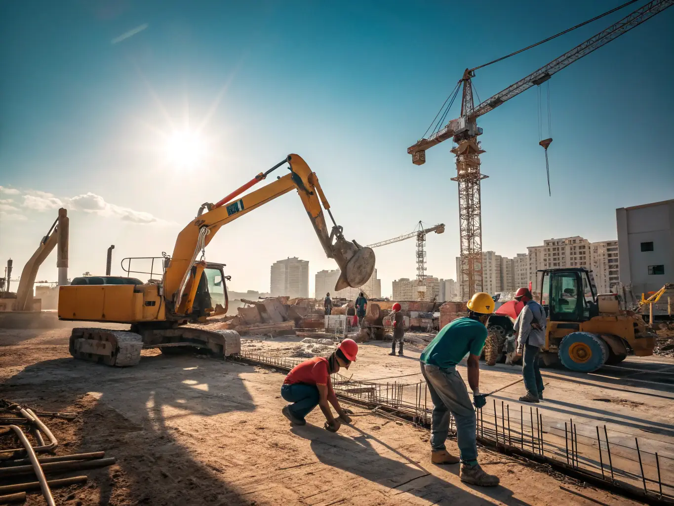 A wide-angle shot of a construction site where Evenii Grounds Contractors is performing groundworks, with excavators digging foundations and workers laying drainage pipes, emphasizing the scale and precision of the operation.